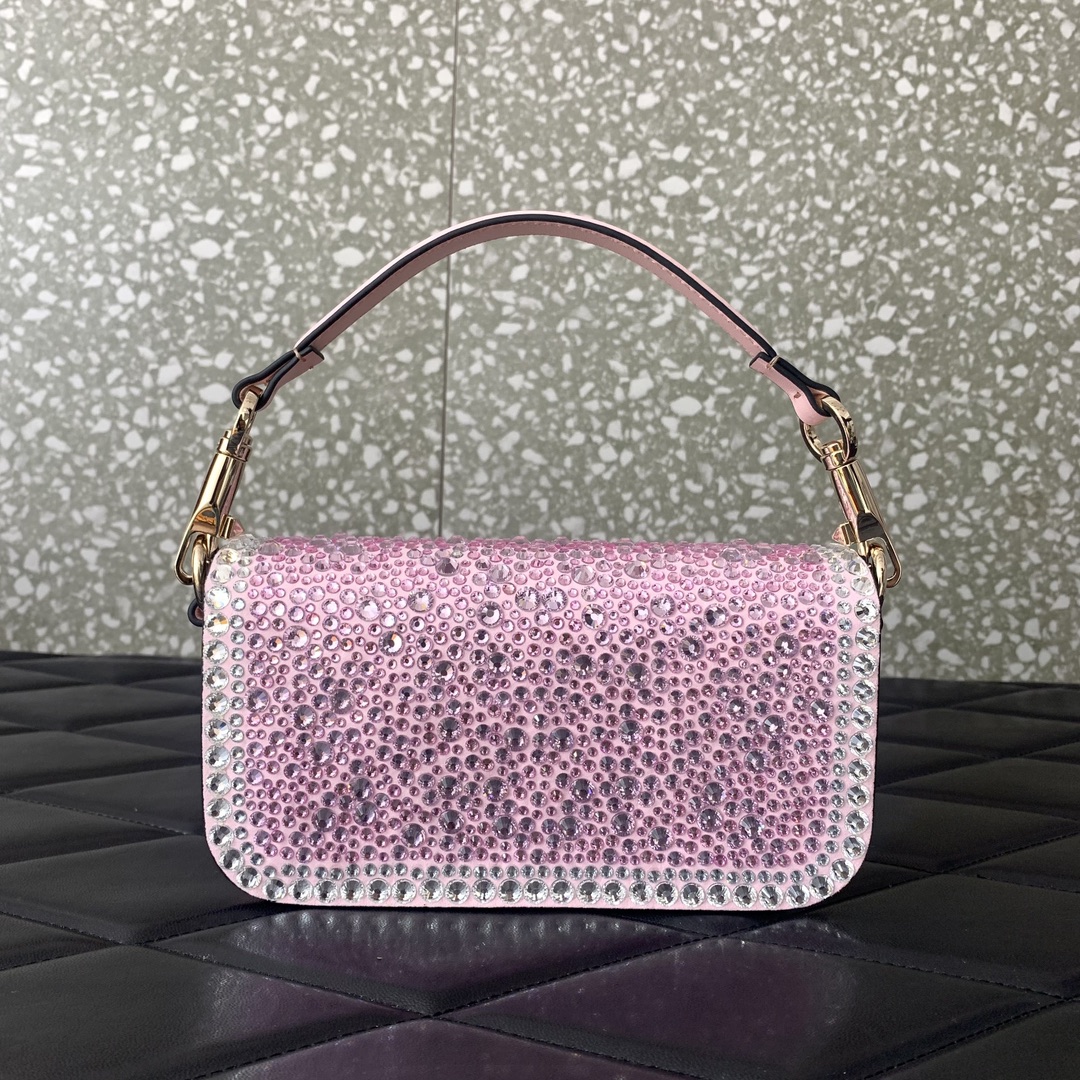 Valentino Garavani Loco Small Shoulder Bag with Pink Rhinestone Applique